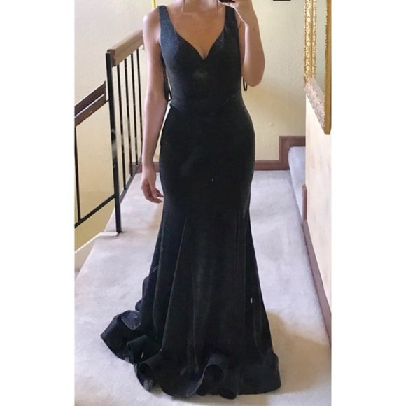New Xscape Black/silver Metallic Trumpet Dress - Picture 8 of 8